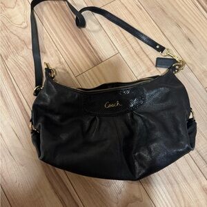 Coach Black Leather Hobo Shoulder Bag with Gold Accents